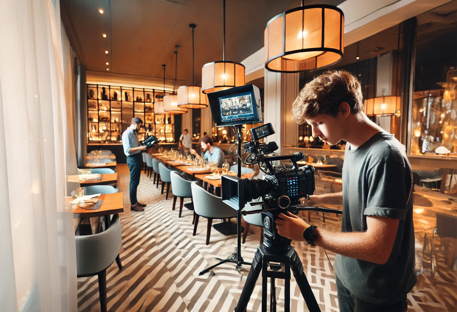 Filming commercial ad inside a restaurant. Goldman Sachs Marketing